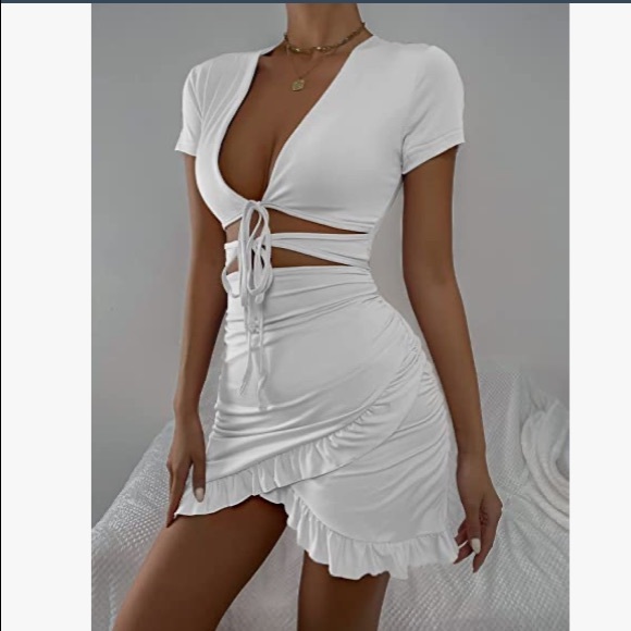 Womens Cut Out Ruffle Ruched Bodycon Mini Tie Front Wrap mini Short Dress (BNIP) - Picture 4 of 5